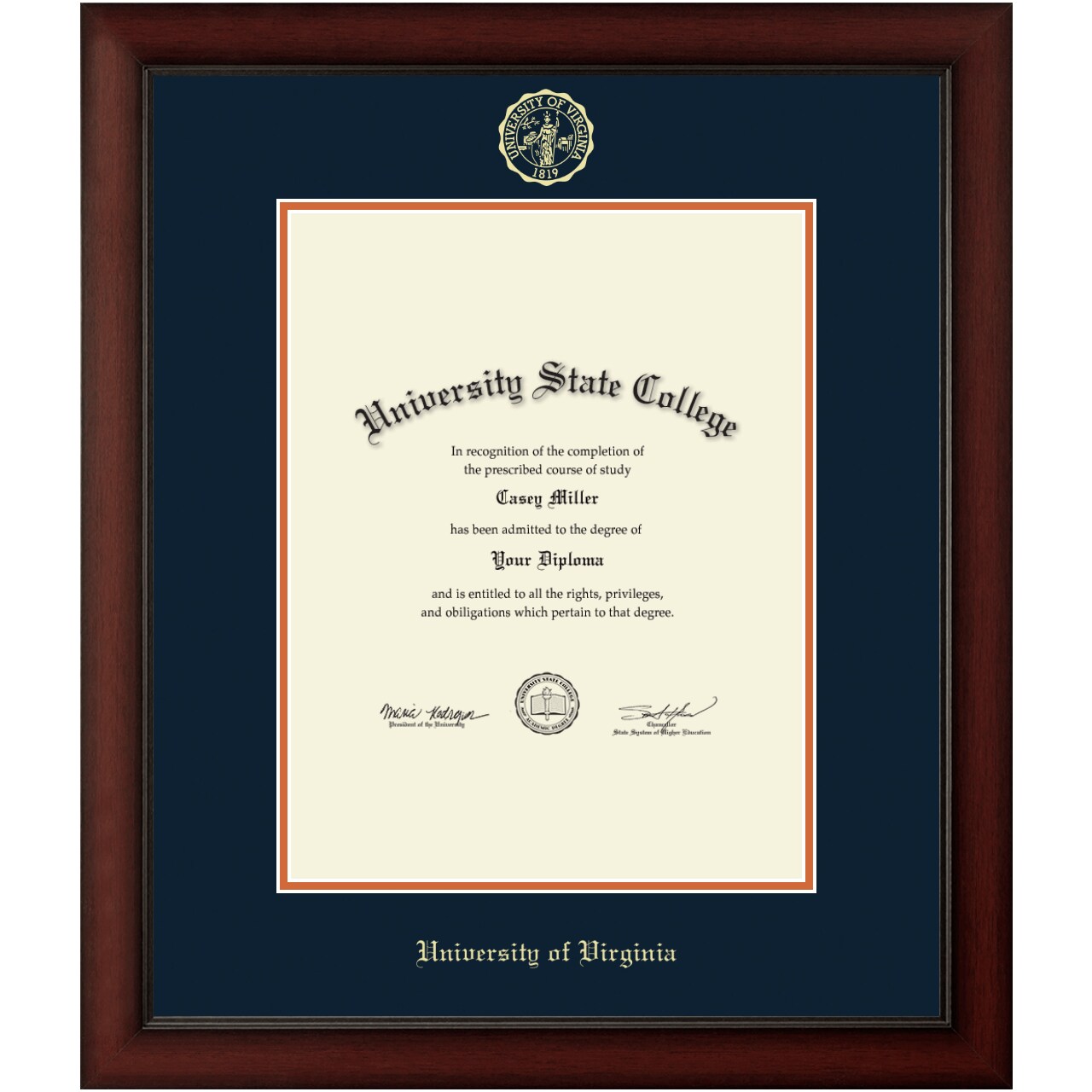 Framerly - University of Virginia 17"w x 22"h Diploma Frame - Gold Embossed Diploma Frame - Cherry Moulding with Navy and Orange Matting